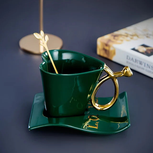 Nordic Ceramic Coffee Cup Set – Cup, Saucer & Gold Spoon