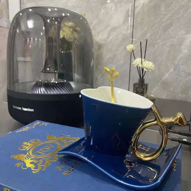 Nordic Ceramic Coffee Cup Set – Cup, Saucer & Gold Spoon