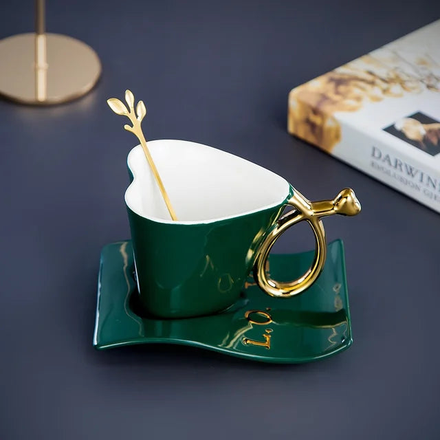 Nordic Ceramic Coffee Cup Set – Cup, Saucer & Gold Spoon