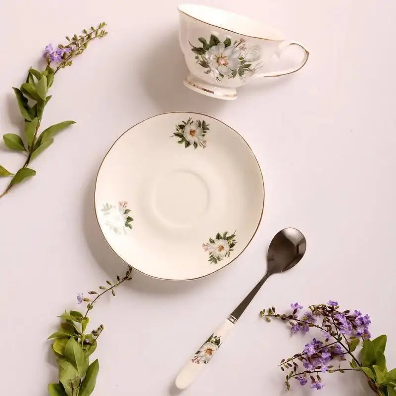 Bone China Tea Cup & Saucer Set with Gold Spoon