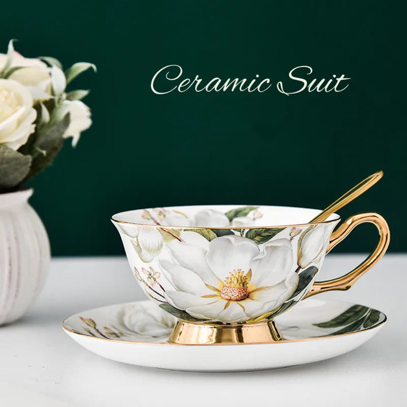 Bone China Tea Cup & Saucer Set with Gold Spoon