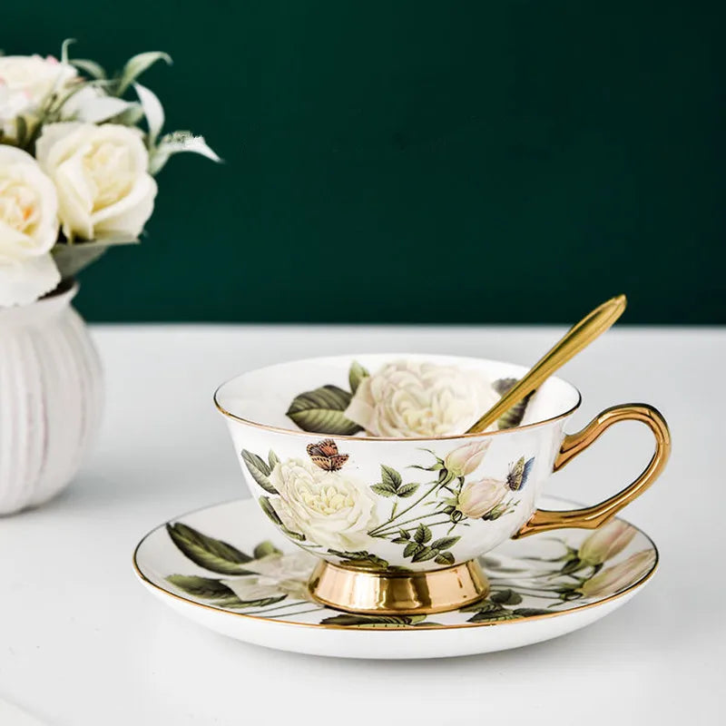 Bone China Tea Cup & Saucer Set with Gold Spoon