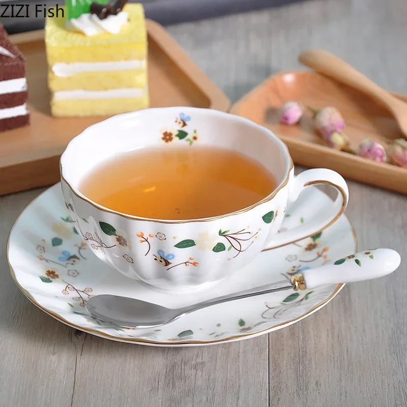 Gold Flower Porcelain Cup & Saucer Set with Serving Tray