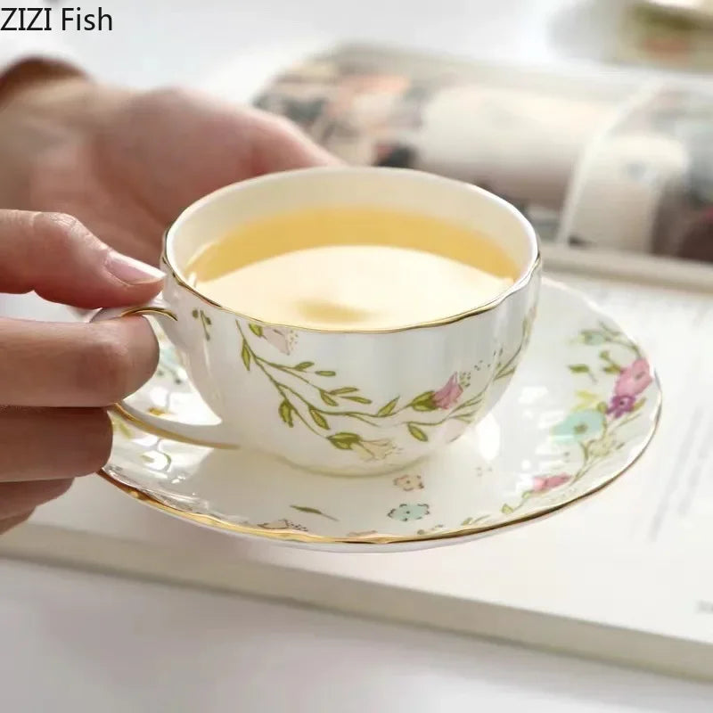 Gold Flower Porcelain Cup & Saucer Set with Serving Tray