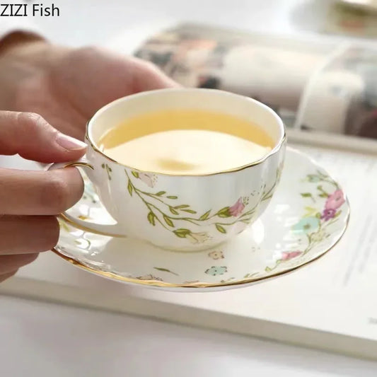Gold Flower Porcelain Cup & Saucer Set with Serving Tray
