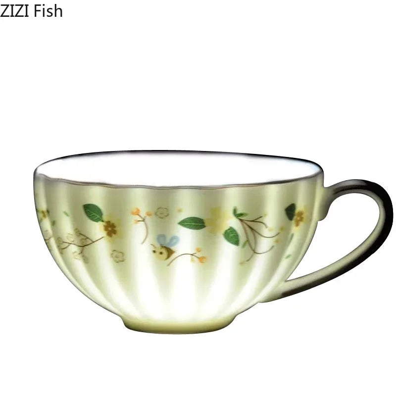 Gold Flower Porcelain Cup & Saucer Set with Serving Tray
