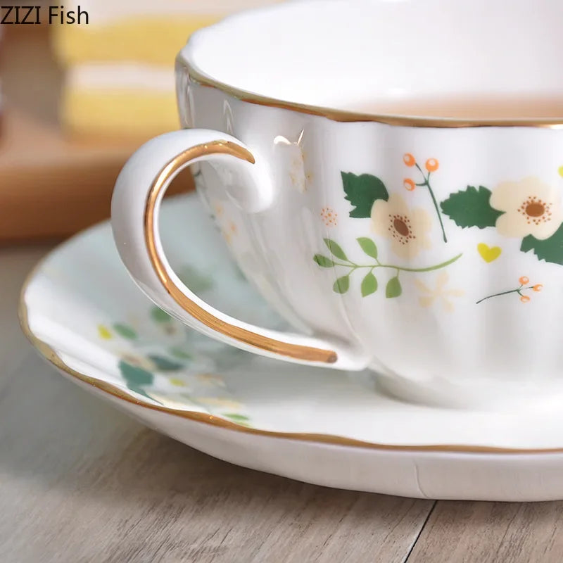 Gold Flower Porcelain Cup & Saucer Set with Serving Tray