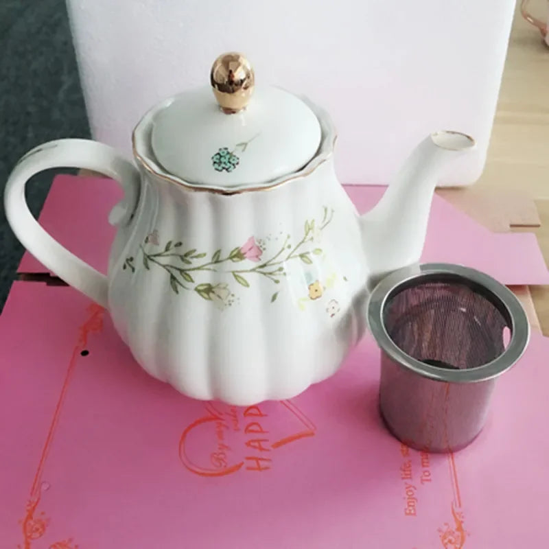 Gold Flower Porcelain Cup & Saucer Set with Serving Tray