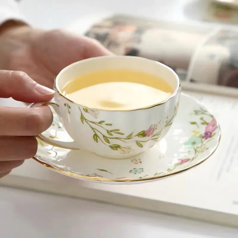 Gold Flower Porcelain Cup & Saucer Set with Serving Tray