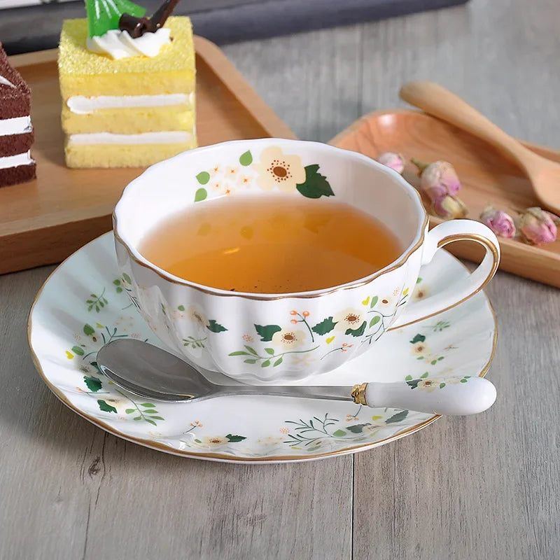 Gold Flower Porcelain Cup & Saucer Set with Serving Tray