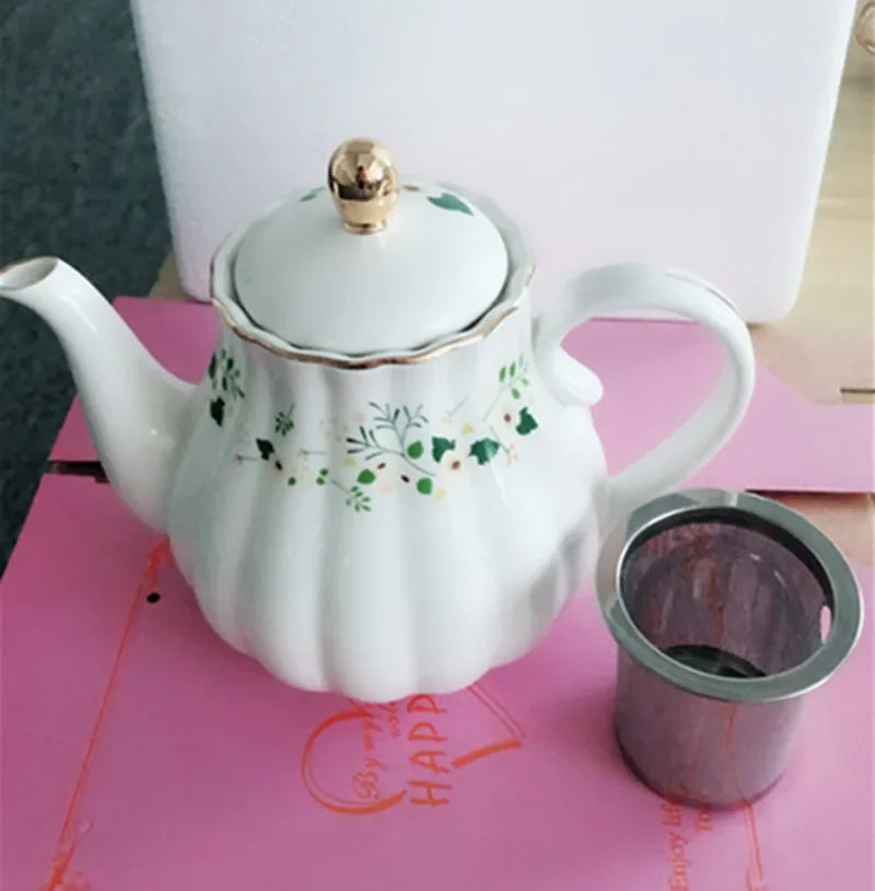 Gold Flower Porcelain Cup & Saucer Set with Serving Tray
